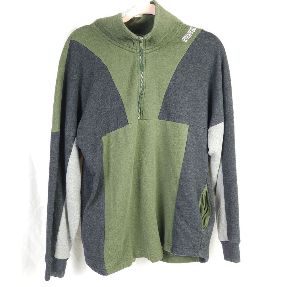 Victoria's Secret's PINK Womens Small Green Grey‎ Mockneck Pullover 1/4 Zip